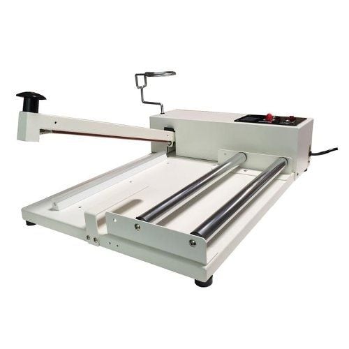 A SealerSales W-Series I-Bar Sealer with Film Roller and Round Wire, featuring a compact white design with dual metal rollers, a film guide, and a lever arm for precise sealing.