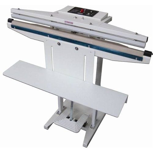 A SealerSales WN-900F 35" Extra-Long Foot-Operated Impulse Sealer with a 2.7mm seal width, featuring a sturdy white metal frame, a foot pedal mechanism, and a wide sealing arm with control buttons on the top panel.