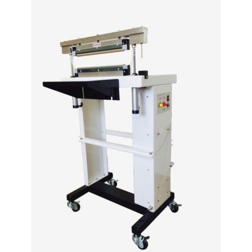 A white and black SealerSales WNC2-305T 12" Pneumatic Control Double Impulse Sealer with a sturdy frame, caster wheels, and a control panel on the side.