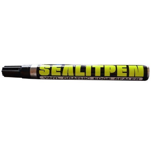 A close-up of a Sealitpen Vinyl Graphic Edge Sealer with bold yellow text on a black marker body, designed for sealing vinyl graphic edges.