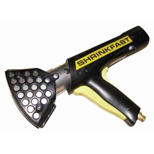 A ShrinkFast Model 998 Industrial Shrink Wrap Heat Gun with a black and yellow ergonomic handle, a perforated heat dispersion nozzle, and a sturdy metallic body designed for heavy-duty use.