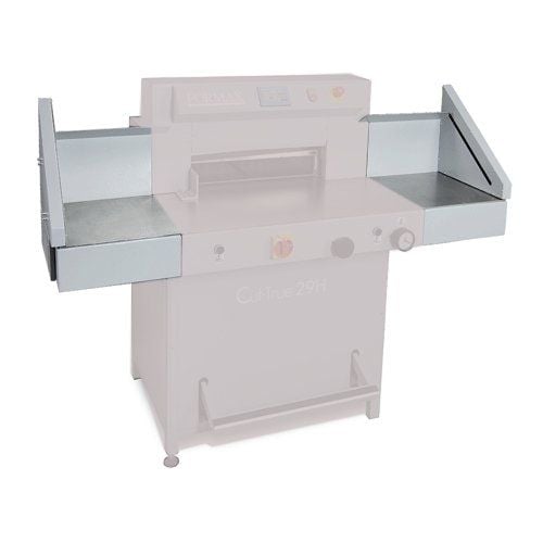 Side Tables for Formax Cut-True 29A and 29H Cutters are shown attached on both sides of a cutting machine, featuring flat metallic surfaces with angled supports for additional workspace.