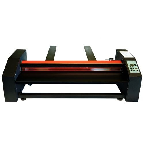 A Smooth Mount 27" Pouch Board Roll Laminator featuring a sleek black design with a control panel on the side and a wide laminating roller in the center.