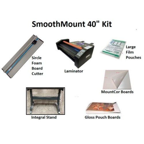 The Smooth Mount 40" Pouch Board Roll Laminator Starter Kit, including a foam board cutter, laminator, large film pouches, MountCor boards, gloss pouch boards, and an integral stand.