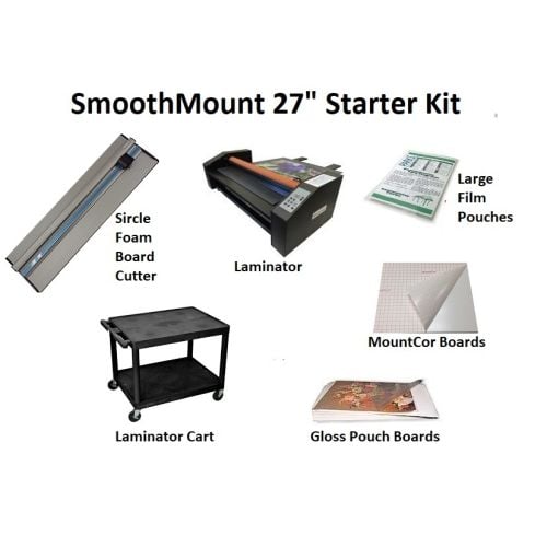 The Smooth Mount 27" Pouch Board Roll Laminator Starter Kit, featuring a foam board cutter, laminator, laminator cart, film pouches, MountCor boards, and gloss pouch boards.