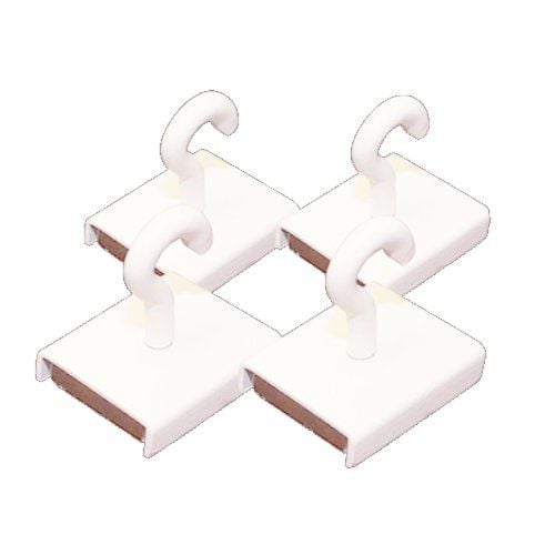 Four white interlocking Sooper Ceiling Hooks - Pack of 4 arranged in a cross pattern, featuring curved hooks on square bases designed for secure ceiling attachment.