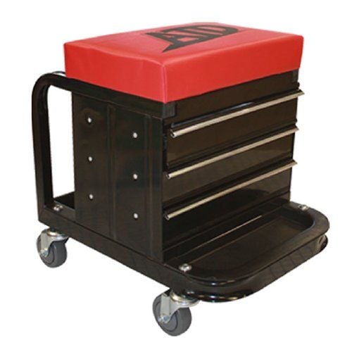 A black rolling tool cart with a red cushioned seat featuring the "Sooper Chair HD Box Wrap Chair" logo, three metal drawers, and a bottom storage tray on caster wheels.