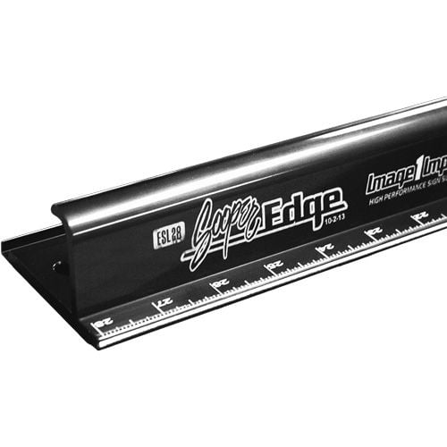 A black Sooper Edge Ultimate Safety Ruler - Metric Sizes with a sturdy aluminum edge and clear metric measurements printed along the base.