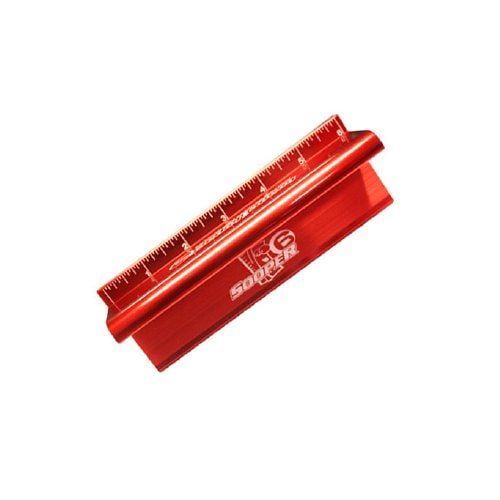A red Sooper Edge 6" Safety Ruler with a durable design, featuring a raised edge and a clear measurement scale etched along its surface.