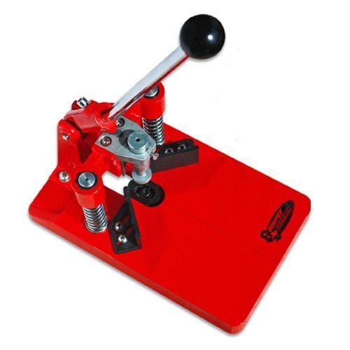 A Sooper Corner Rounder with 1/4" and 3/8" Die Set, featuring a vibrant red base and a lever handle, designed for versatile corner rounding with interchangeable die sets.
