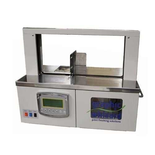 Graphic Whizard SP Bander Banding Machine and Accessories shown with a stainless steel body, a digital control panel, and an open banding area for securing materials.