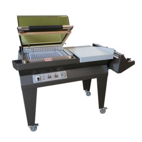 A SealerSales SS-48ST-110V Compact L-Bar Sealer with Hooded Shrink Chamber featuring a black metal frame, adjustable control panel, wire mesh sealing area, and mounted on caster wheels for mobility.