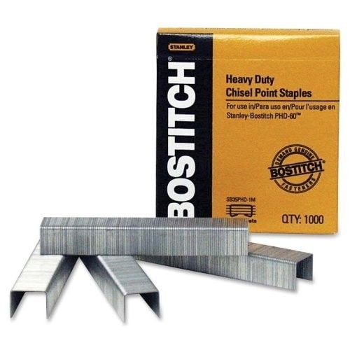 A box of Stanley Bostitch PHD-60 Heavy Duty Staples with several loose staples displayed in front. A box of Stanley Bostitch PHD-60 Heavy Duty Staples with several loose staples displayed in front.