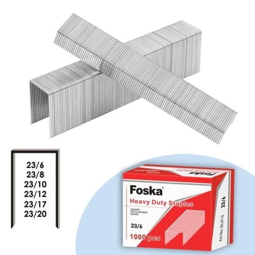 Foska Heavy-Duty Staples for Skrebba W117R, W117L, and W115 Staplers, showing a box of 23/6 staples, a stack of staples, and a size chart. Foska Heavy-Duty Staples for Skrebba W117R, W117L, and W115 Staplers, showing a box of 23/6 staples, a stack of staples, and a size chart.