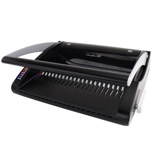 A Swingline GBC C20 CombBind Binding Machine, featuring a sleek black design with a handle and comb binding mechanism, used for securely binding documents.
