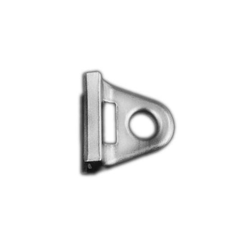 Close-up view of a silver metal Tag-It Bracket for Banner Track with a circular hole and a rectangular slot for secure attachment.