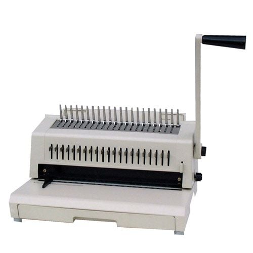 A Tamerica 213PB Plastic Comb 3-Hole Punch Binding Machine with a manual lever on the side, featuring a sturdy design in a light gray color, used for binding and punching holes in documents.