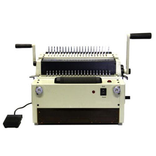 A Tamerica Omega-4in1 Electric Binding Machine with manual cranks and a foot pedal. A Tamerica Omega-4in1 Electric Binding Machine with manual cranks and a foot pedal.
