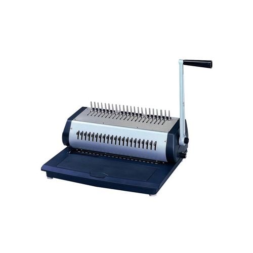 The Tamerica TCC2100 Manual Plastic Comb Binding Machine, featuring a sleek black and silver design with a sturdy handle for manual operation.