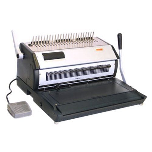 A Tamerica Versabind-Ei 4-in-1 Electric Punch and Manual Binder, showcasing its binding combs, handle, and foot pedal.
