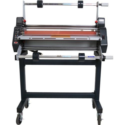 Front view of the Tamerica Versalam 2700-EP 27" One and Two-Sided Roll Laminator on a stand with caster wheels.