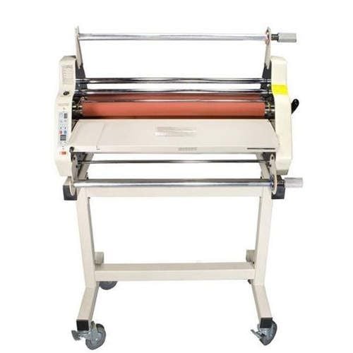 The Tamerica VersaLam 2700-P 27" One Side / Two Side Roll Laminator, featuring a sturdy metal frame and wheels for easy mobility.
