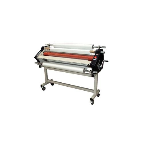 A Tamerica TCC1200 Wide Format 45" Hot And Cold Roll Laminator on a metal stand with multiple rollers and adjustable settings.
