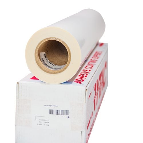 Roll of Protac Scribe 2.5mil Dry-Erase PS Overlaminate placed on top of its packaging box.