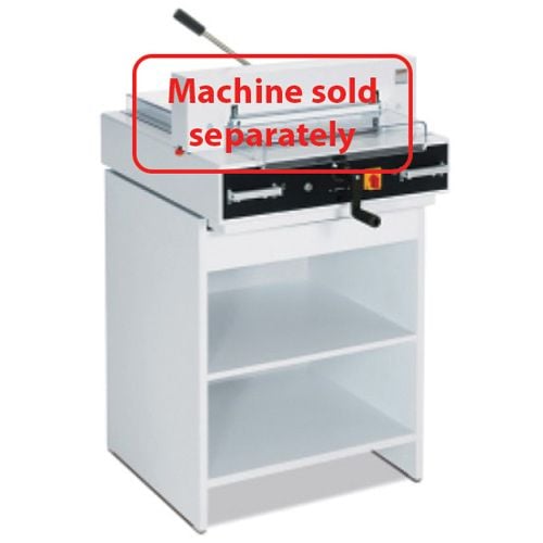 MBM Triumph Cabinet for 4205, 4215, 4250, 4300, 4305, 4315, and 4350 Cutters, featuring a white storage cabinet with two open shelves and a mounted cutting machine labeled "Machine sold separately".
