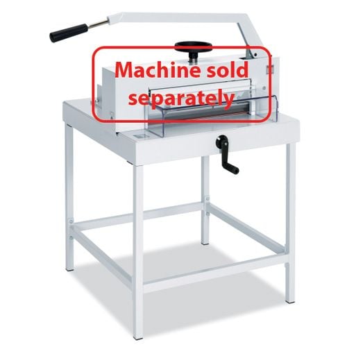 A standalone MBM Triumph 4705 Paper Cutter Stand with a sturdy metal frame, featuring a crank handle and a label indicating that the machine is sold separately.
