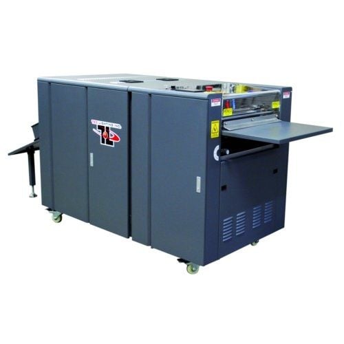 A Tec Lighting TruCoat 16 Hand-Fed UV Coater machine with a sleek gray design, visible control panel, feeding tray, and sturdy wheels for mobility. A Tec Lighting TruCoat 16 Hand-Fed UV Coater machine with a sleek gray design, visible control panel, feeding tray, and sturdy wheels for mobility.