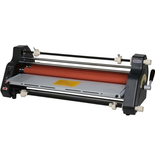 A Tamerica TSL-2700 27" Thermal School Roll Laminator, featuring dual rollers and control buttons on the side for easy lamination tasks.