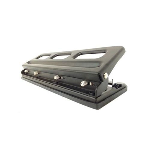 Black Tamerica SecureBind V400-M Punch for 4-Pin Recloseable Strips, featuring a sturdy metal design with an ergonomic handle for precise and efficient hole punching.