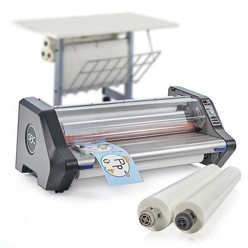 The GBC Ultima 65 Deluxe School Laminator Starter Kit, featuring the laminator, two laminating rolls, and a stand in the background.