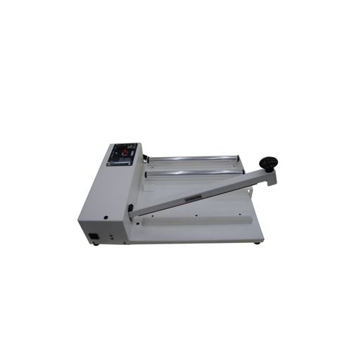 A SealerSales W-Series I-Bar Sealer with a sliding cutter and film roller, featuring a compact white design, dual film rollers, and a manual sealing arm.