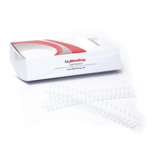 Box of White 2:1 Pitch Twin Loop Wire binding supplies on a white background with some wire loops scattered in front.
