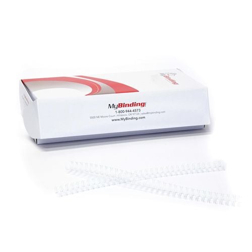 A box containing White 3:1 Pitch Twin Loop Wire bindings, with two sample wires displayed in front of the packaging.