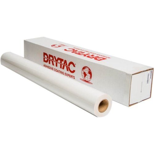 Roll of WipeErase 3mil Dry-Erase Clear Gloss Overlaminate next to its packaging from Drytac.