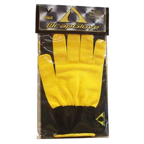 A pair of WrapGlove Vinyl Wrap Gloves (Small) in yellow with black cuffs, neatly packaged in a clear plastic bag with branded labeling, designed to provide smooth, lint-free handling for vehicle and sign vinyl wrapping applications.