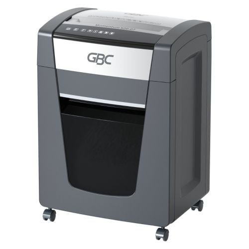 Angled view of the GBC X20-07 Momentum 20-Sheet Level P-4 Micro-Cut Shredder, featuring a sleek black and silver design with caster wheels for mobility.