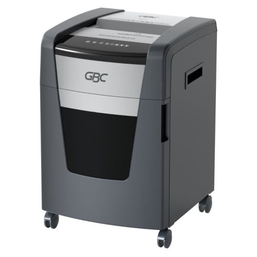 Angled view of the GBC M12-12 Momentum 12-Sheet Level P-5 Micro-Cut Shredder, featuring a black and silver design with side handles and caster wheels for easy mobility.