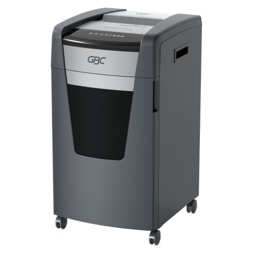 Angled view of the GBC X22-23 Momentum 22-Sheet Level P-4 Micro-Cut Shredder, featuring a black and silver design with caster wheels for easy mobility.