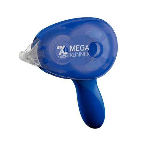 Xyron 0.5" x 100' Permanent Adhesive Mega Runner in blue with an ergonomic design and clear tape dispenser.