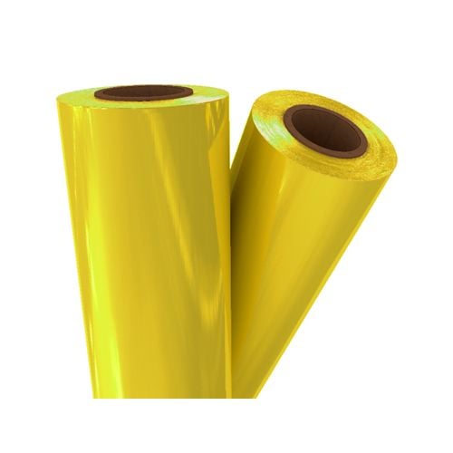 Two rolls of Yellow Pigment Laminating / Toner Fusing Foil with a glossy finish, ideal for enhancing printed materials.