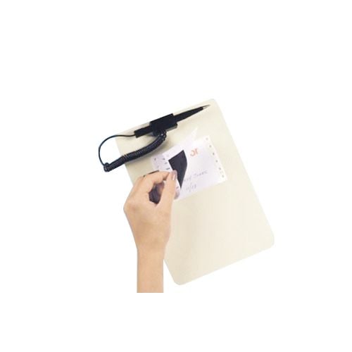 TEMPboard Mini Clipboard features a hand using an attached pen to write on a white paper while securely holding a notecard in place with a clip at the top, all supported by a sleek plastic clipboard with rounded edges.