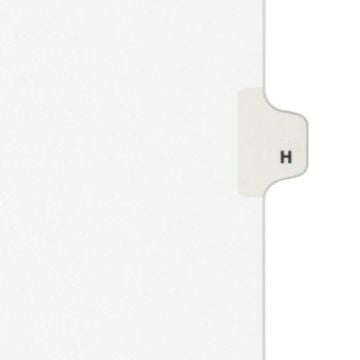 An "Avery H Individual Legal Index Avery Style Dividers" tab with a white background and a clear black "H" label on the tab.