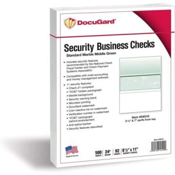 DocuGard Standard Marble Business Checks [11 Features, 8-1/2" x 11", 24# Green, 2500 Sheets/Carton]