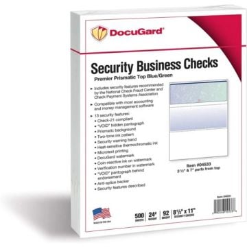 DocuGard Premier Prismatic Business Checks [13 Features, 8-1/2" x 11", 24# Blue/Green, 2500 Sheets/Carton]