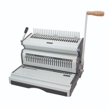 Akiles CombMac-24M Manual Plastic Comb Punch and Bind Machine with wooden handle for binding documents, featuring dual binding and punching mechanisms in a sturdy, compact design.