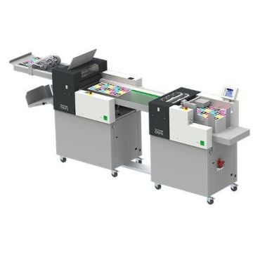 A side view of the Multigraf Touchline CP375 MONO/TCF375 Creasing Machine, showcasing its sleek design, connected modules, and output trays used for precision creasing and folding tasks.